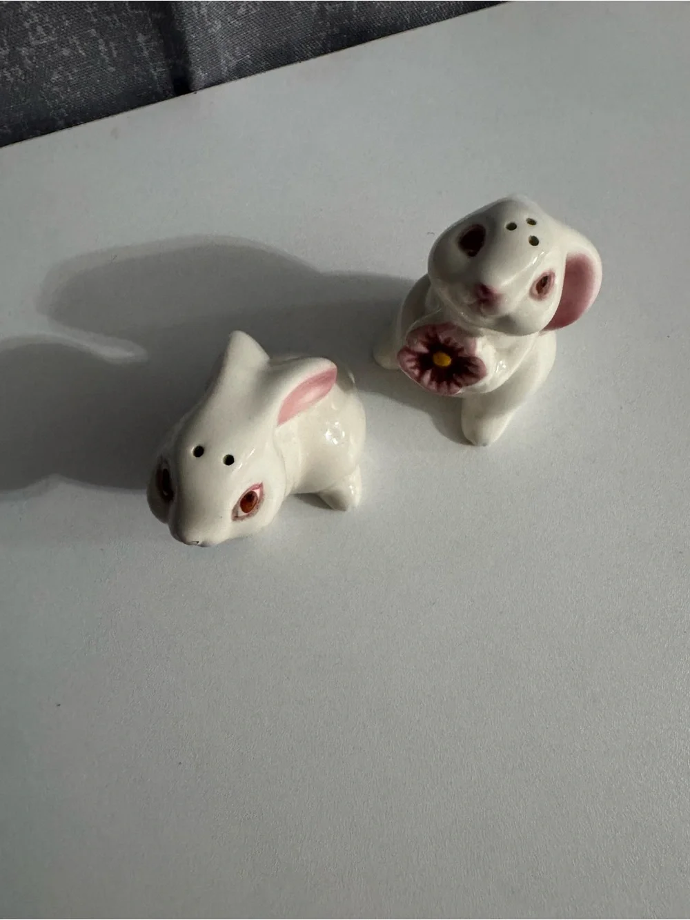 Vintage Avon Ceramic Bunny salt and pepper set with Pink Accents